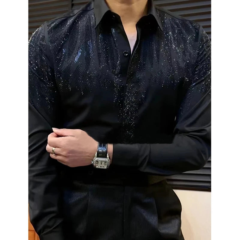 High Quality Long Sleeved Shirt Spring Hot Diamond Shirt For Men Casual Slim Fit Shirt Luxury Social Party Blouse Camisa Hombre