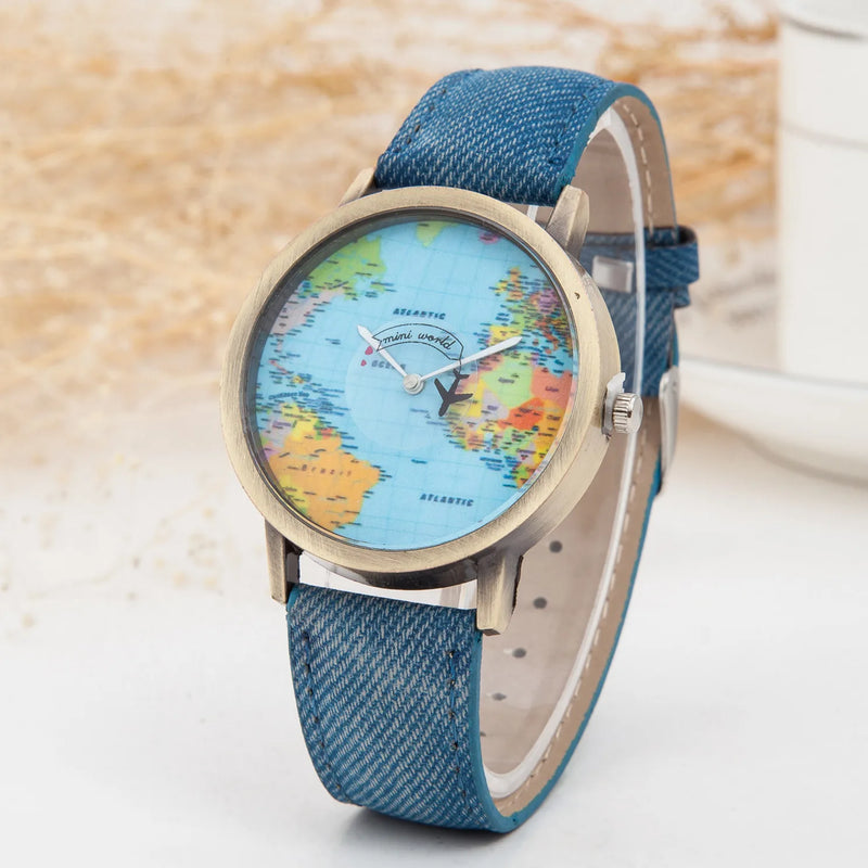 Fashion Global World Map Plane Denim Fabric Band Watches for Men Women Wristwatches Quartz Watch Gift Horloges Relógio