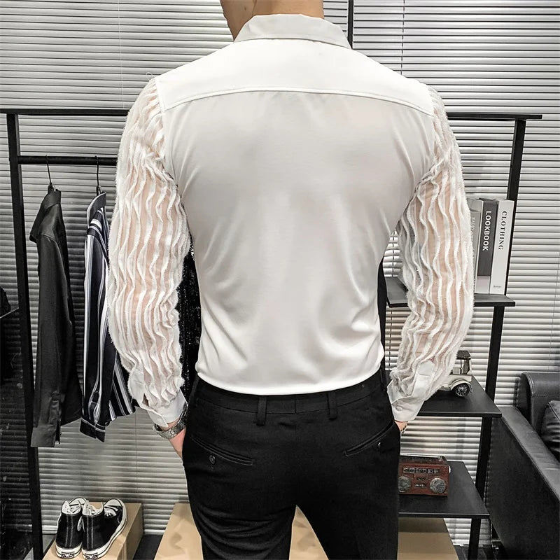 Lace Hollow Shirts for Men Long Sleeve Slim Fit Streetwear Social Party Blouse Nightclub Singer Dj Clothing Camisas Para Hombre