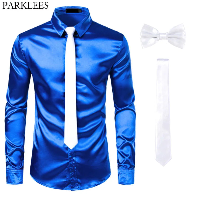 Black Mens Silk Dress Shirts 3Pcs(Shirt +Tie+Bowtie) Smooth Satin Shirt Men Slim Fit Party Prom Casual Shirts Men Social Camisa