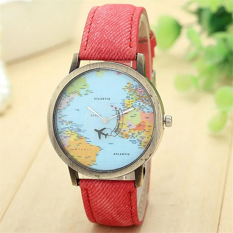 Fashion Global World Map Plane Denim Fabric Band Watches for Men Women Wristwatches Quartz Watch Gift Horloges Relógio