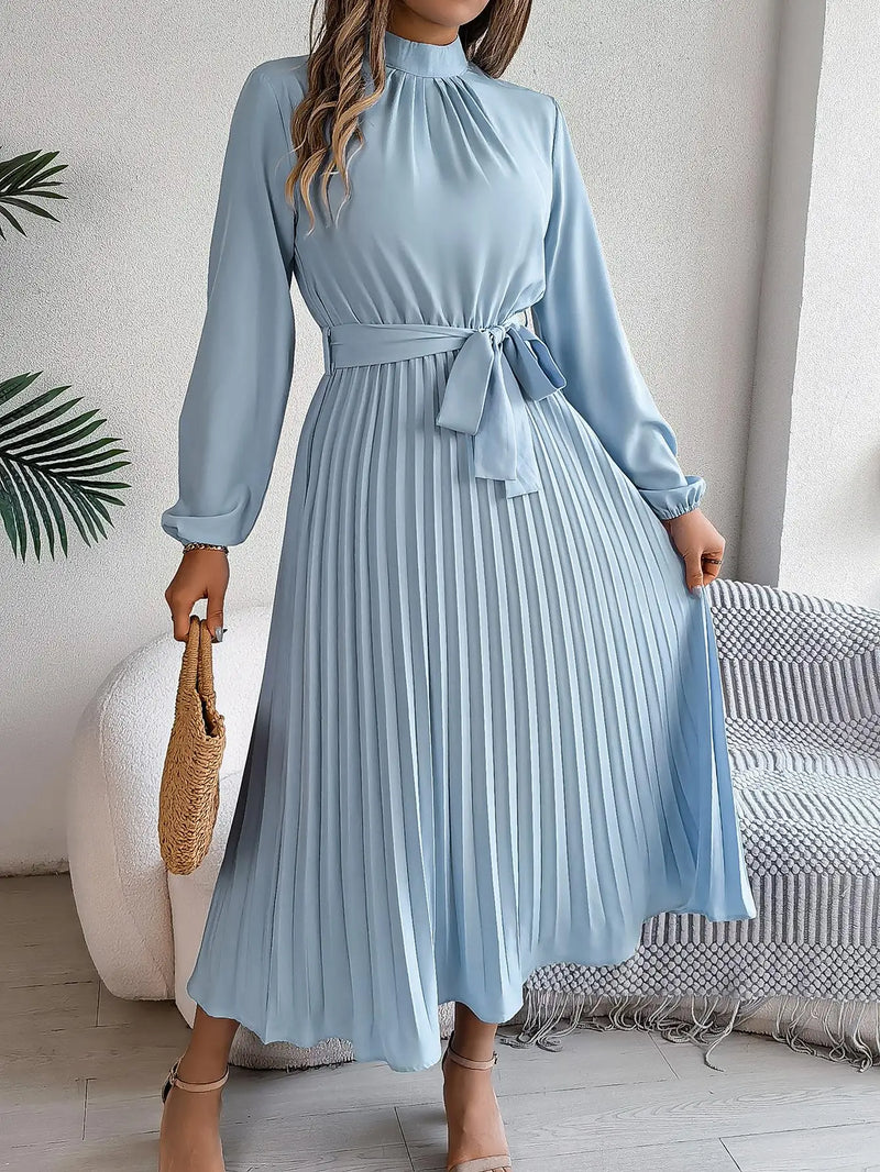 Women's Elegant Stand Collar Long Sleeve Pleated Long Dresses 2025 Spring Autumn Ladies Solid Lace-up Pleated Party Midi Dress