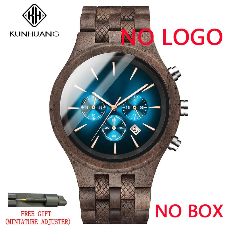 KUNHUANG Handmade Wooden Watch Multifunction Dial Mens Quartz Watch Luxury Luminous Chronograph Custom Logo relógio masculino