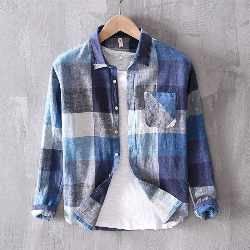 Men's Cotton Linen Shirts Long Sleeve Slim Fit Plaid Patchwork Dress Shirt Men Social Business Shirts Male Camisa Chemise TS-548