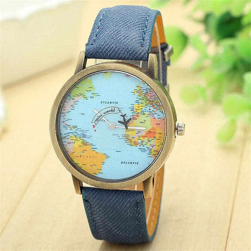 Fashion Global World Map Plane Denim Fabric Band Watches for Men Women Wristwatches Quartz Watch Gift Horloges Relógio