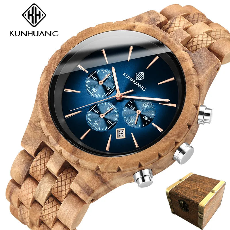 KUNHUANG Handmade Wooden Watch Multifunction Dial Mens Quartz Watch Luxury Luminous Chronograph Custom Logo relógio masculino