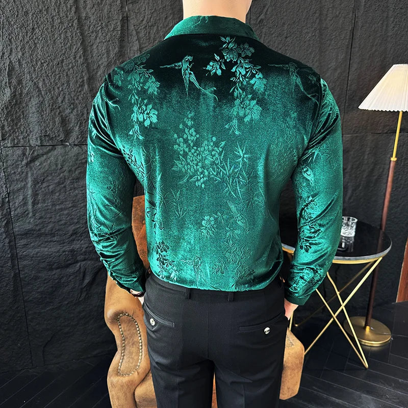 Luxury Velvet Velvet Shirt Men 2024 Spring Slim Casual Dress Shirts Social PartyTuxedo Blouse Camisas Para Hombre Men Clothing