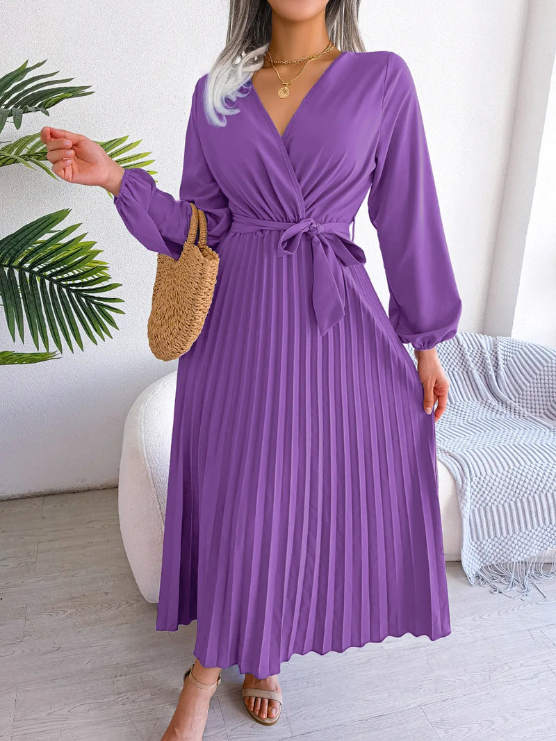 Women's Elegant Cross V-neck Lace-up Solid Pleated Dresses 2025 Spring Summer Office Lady Lantern Long-sleeved A-line Long Dress