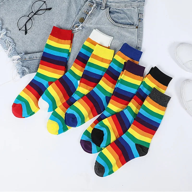 1 Pair Colors Rainbow Striped Women Sock New Arrival Elasticity Sweat Women Long Sock Sporty Meias Retro Harajuku Socks