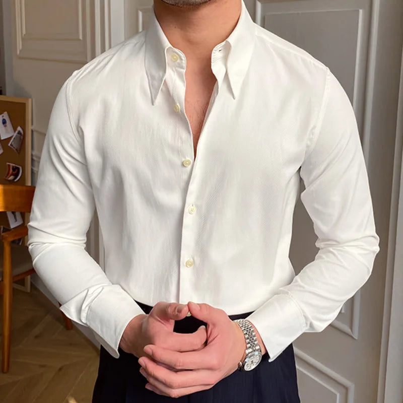 Spring Leisure British Business Shirt Design British Men Cuba Collar Slim Solid White Shirt Camisa Social Masculina Men Shirt