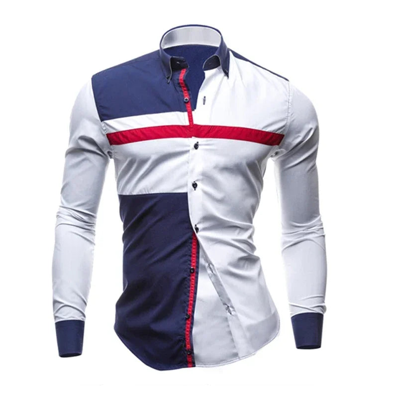 Men Long Sleeve Shirt 2024 Spring Striped Shirts Slim Fit Male Casual Social Patchwork Shirt Turn-down Collar Camisa Masculina