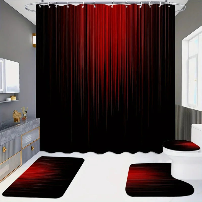 1/3/4pcs Red and Black Vertical Stripe Fashion Simple Modern Shower Curtain Set, Bathroom Set, Bathroom Carpet, U-shaped Pad, To