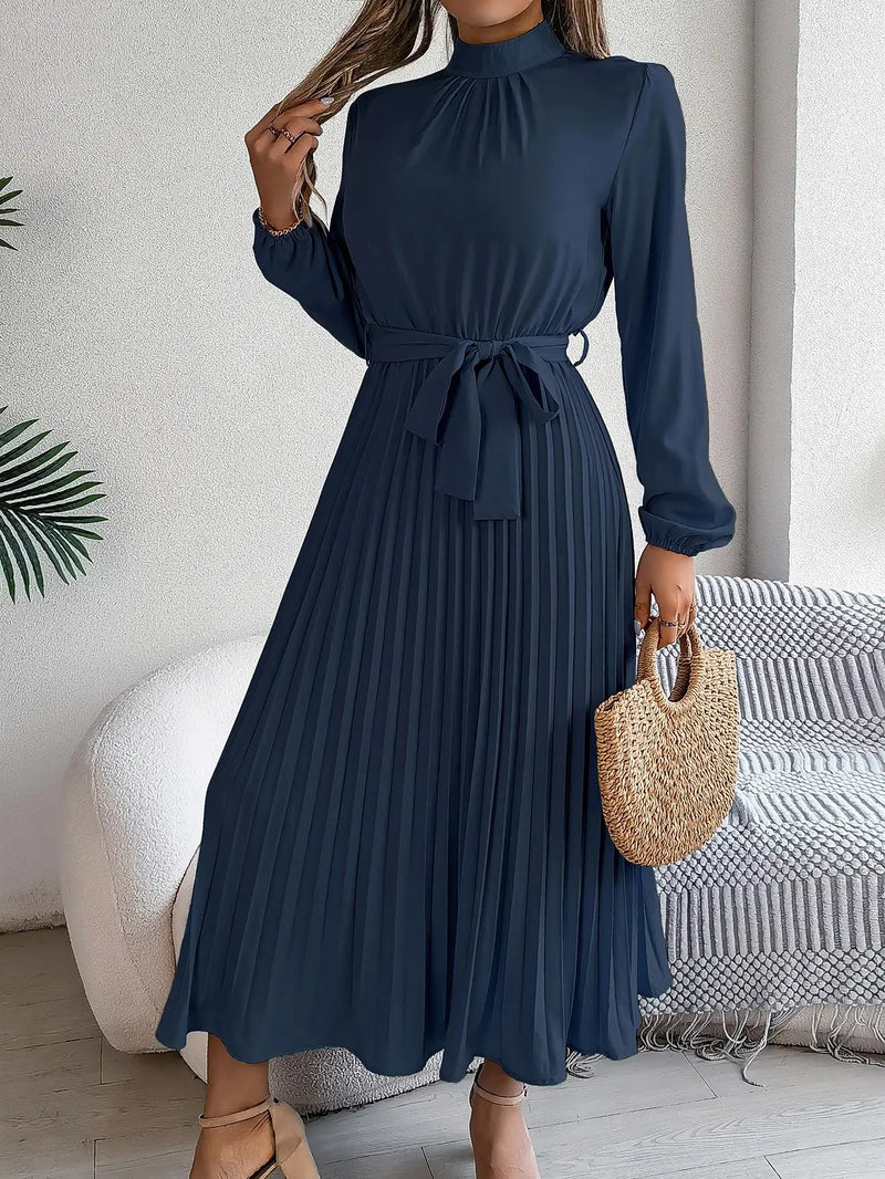 Women's Elegant Stand Collar Long Sleeve Pleated Long Dresses 2025 Spring Autumn Ladies Solid Lace-up Pleated Party Midi Dress