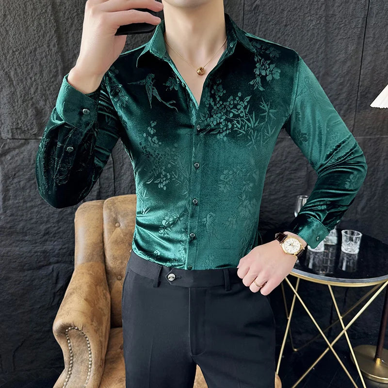 Luxury Velvet Velvet Shirt Men 2024 Spring Slim Casual Dress Shirts Social PartyTuxedo Blouse Camisas Para Hombre Men Clothing