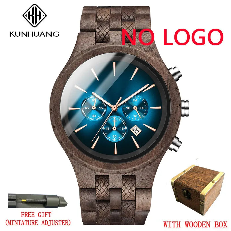 KUNHUANG Handmade Wooden Watch Multifunction Dial Mens Quartz Watch Luxury Luminous Chronograph Custom Logo relógio masculino