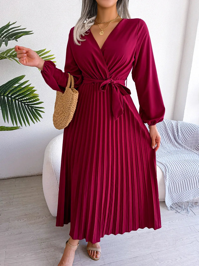 Women's Elegant Cross V-neck Lace-up Solid Pleated Dresses 2025 Spring Summer Office Lady Lantern Long-sleeved A-line Long Dress