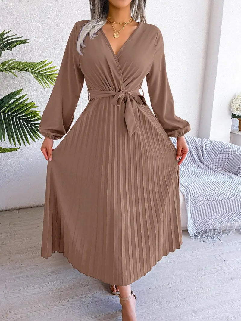 Women's Elegant Cross V-neck Lace-up Solid Pleated Dresses 2025 Spring Summer Office Lady Lantern Long-sleeved A-line Long Dress