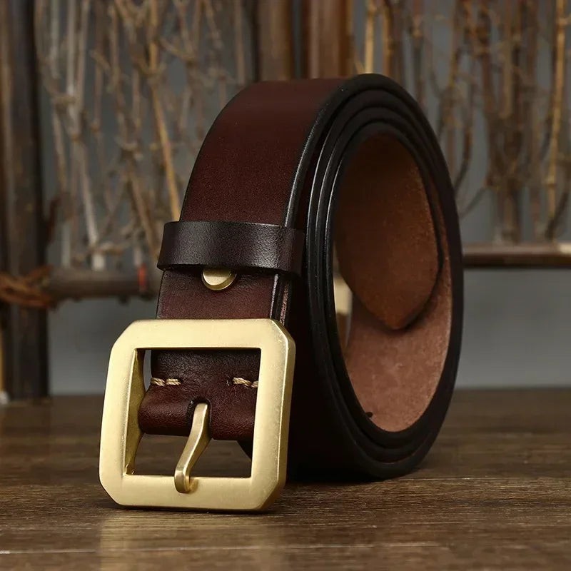 3.8CM Thick Cowhide Copper Brass Buckle Genuine Leather Casual Jeans Belt Men High Quality Waistband Male Luxury Strap Cintos