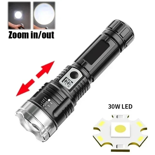 High Strong Power Led Flashlights Tactical Emergency Spotlights Telescopic Zoom Built-in Battery USB Rechargeable Camping Torch