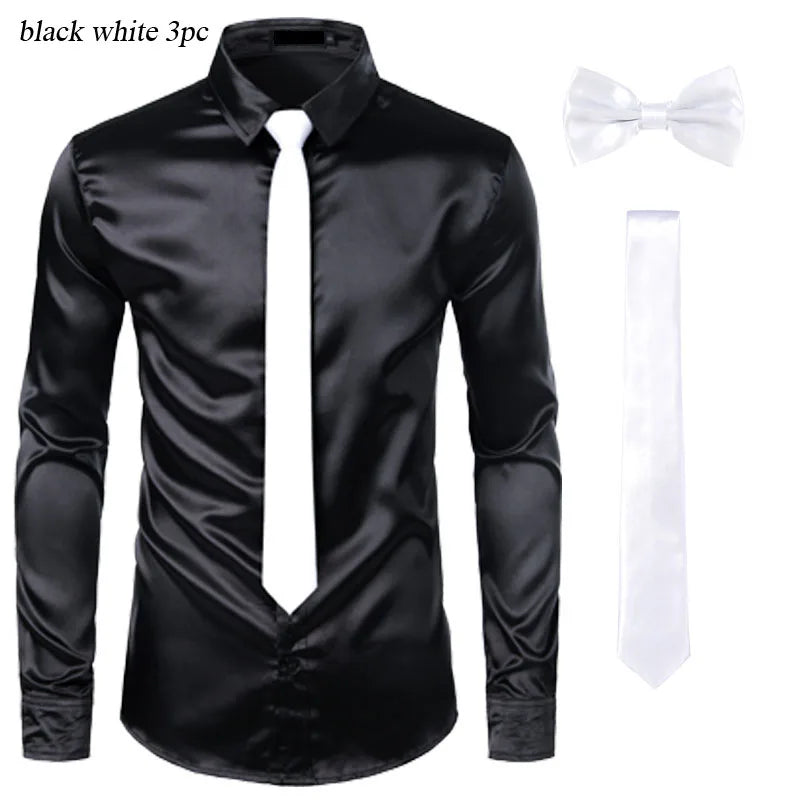 Black Mens Silk Dress Shirts 3Pcs(Shirt +Tie+Bowtie) Smooth Satin Shirt Men Slim Fit Party Prom Casual Shirts Men Social Camisa