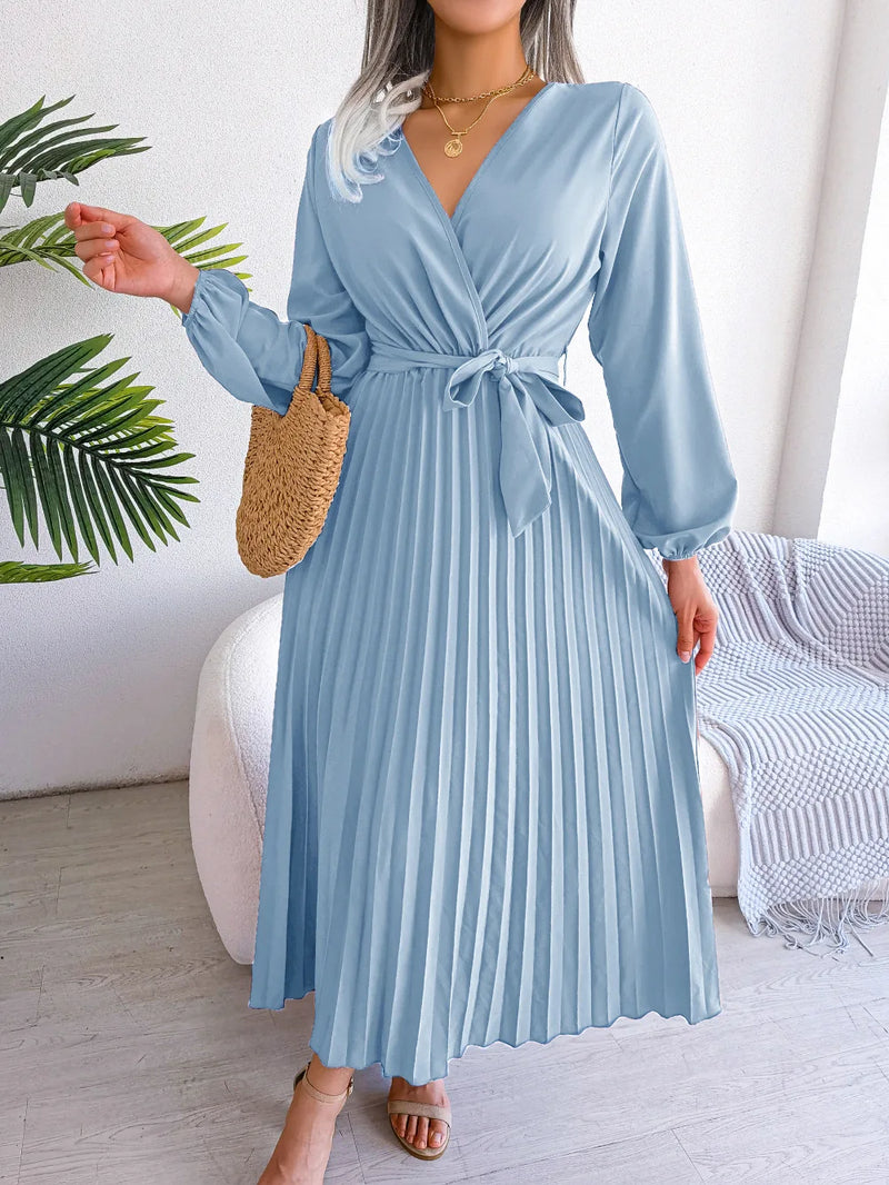 Women's Elegant Cross V-neck Lace-up Solid Pleated Dresses 2025 Spring Summer Office Lady Lantern Long-sleeved A-line Long Dress