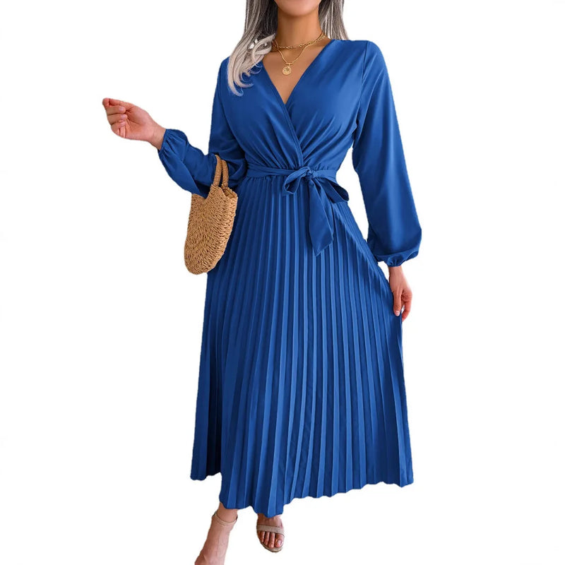 Women's Elegant Cross V-neck Lace-up Solid Pleated Dresses 2025 Spring Summer Office Lady Lantern Long-sleeved A-line Long Dress