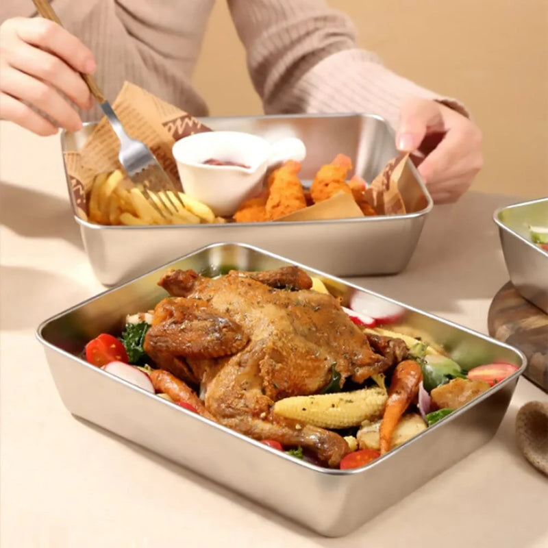 Stainless Steel Rectangle Tray Large Capacity Metal Food Serving Plate Rice Noodle Pan Home Lunch Bento Dishes Storage Organizer