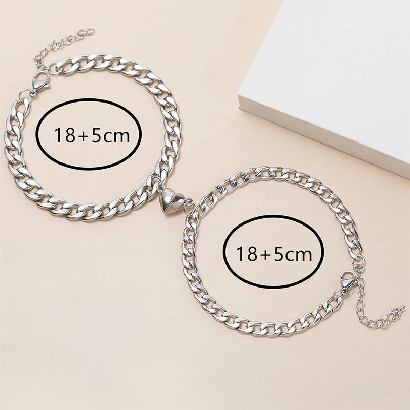 2Pcs/set Magnet Couple Bracelets Heart Attraction Bracelet Stainless Steel Charm Simple Cuban Chains Key Lock Jewelry Gifts