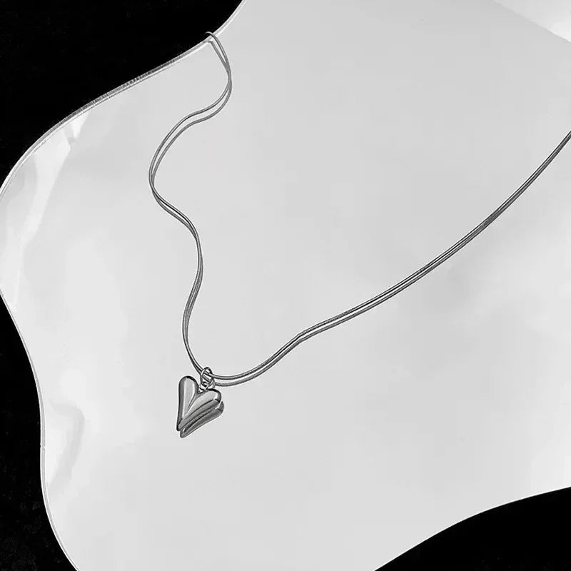 LATS Double Layered Love Heart Pendant Necklace for Women Silver Color Simple Neck Chain Choker Fashion Jewelry Birthday Gifts