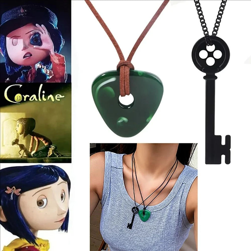 Movie Coraline Seeing Stone Pendant Necklace Green Stone Key Pendant Necklace Key buckle Laika Cosplay Costume Jewelry ﻿