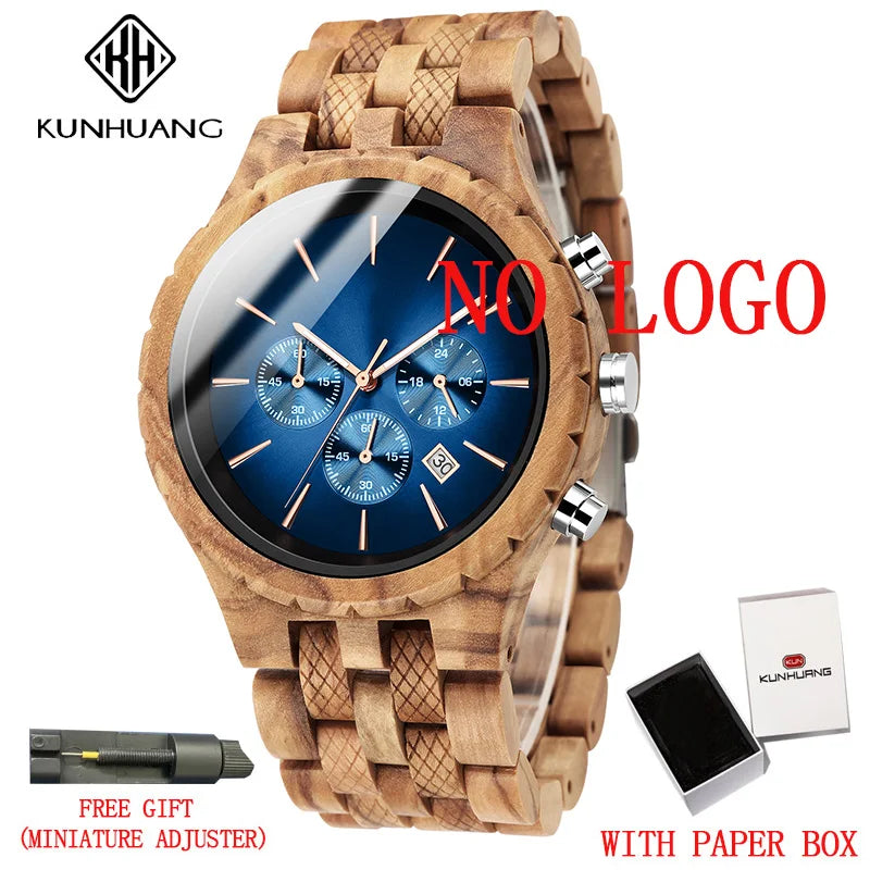 KUNHUANG Handmade Wooden Watch Multifunction Dial Mens Quartz Watch Luxury Luminous Chronograph Custom Logo relógio masculino