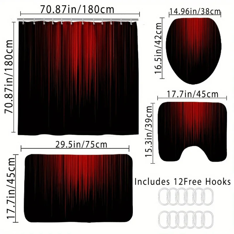 1/3/4pcs Red and Black Vertical Stripe Fashion Simple Modern Shower Curtain Set, Bathroom Set, Bathroom Carpet, U-shaped Pad, To