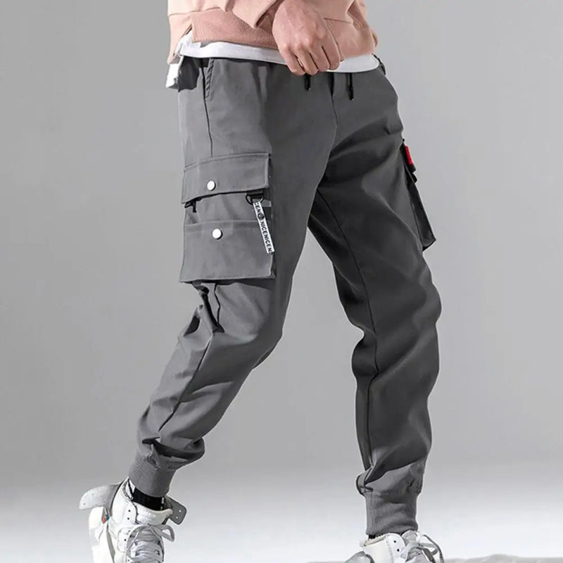 Summer Men Sweatpants Mid-Rise Shrinkable Cuffs Elastic Waistband Drawstring Men Pants Solid Color Multi Pockets Cargo Pants