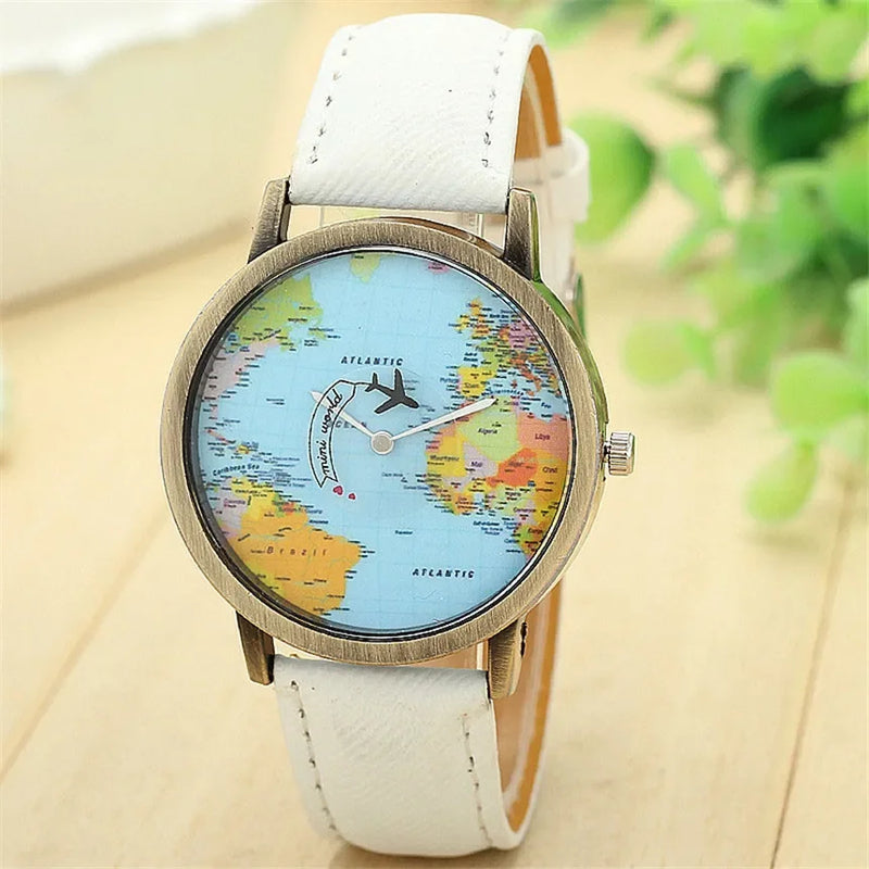 Fashion Global World Map Plane Denim Fabric Band Watches for Men Women Wristwatches Quartz Watch Gift Horloges Relógio