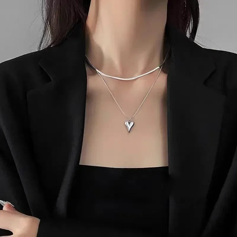 LATS Double Layered Love Heart Pendant Necklace for Women Silver Color Simple Neck Chain Choker Fashion Jewelry Birthday Gifts