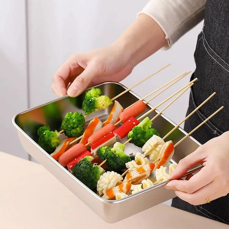 Stainless Steel Rectangle Tray Large Capacity Metal Food Serving Plate Rice Noodle Pan Home Lunch Bento Dishes Storage Organizer