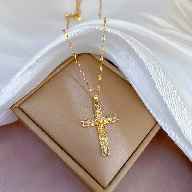 Lucky Cross Zircon Necklace for Women Men Couple Gold Color Stainless Steel Chain Choker Statement Weekend Jewelry Gift Bijoux