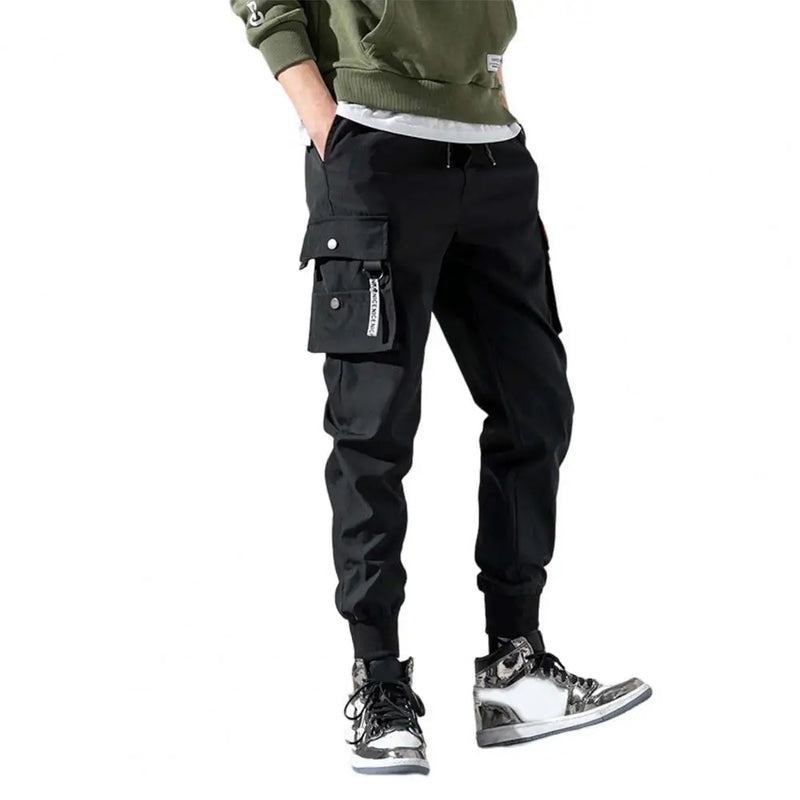 Summer Men Sweatpants Mid-Rise Shrinkable Cuffs Elastic Waistband Drawstring Men Pants Solid Color Multi Pockets Cargo Pants