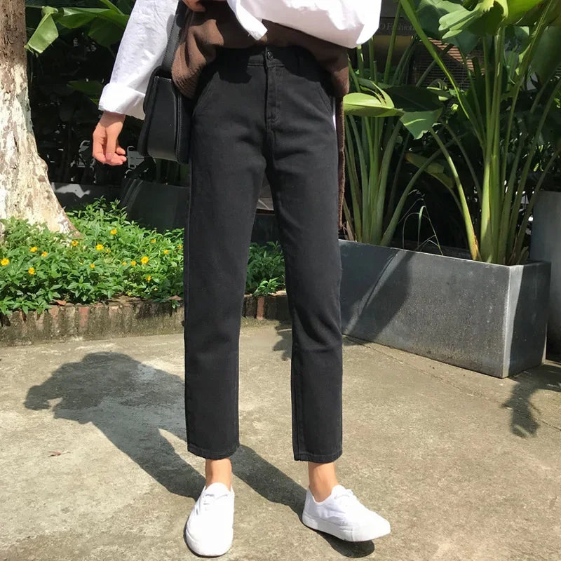 New Arrival Autumn/winter Korean Style Chic High-waisted Black Casual Jeans Straight-leg Pants Slimming Women's Trendy Fashion