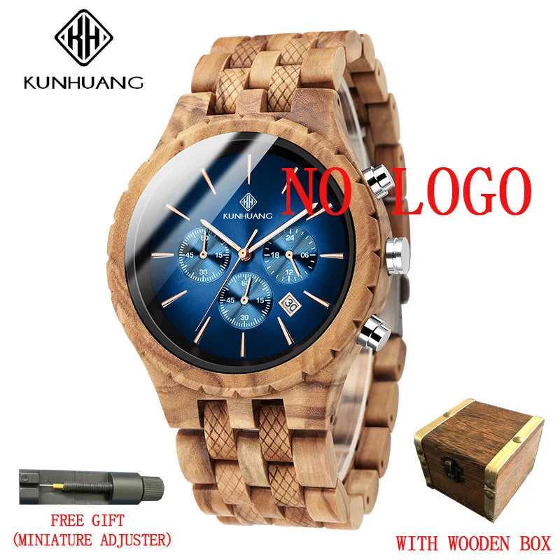 KUNHUANG Handmade Wooden Watch Multifunction Dial Mens Quartz Watch Luxury Luminous Chronograph Custom Logo relógio masculino