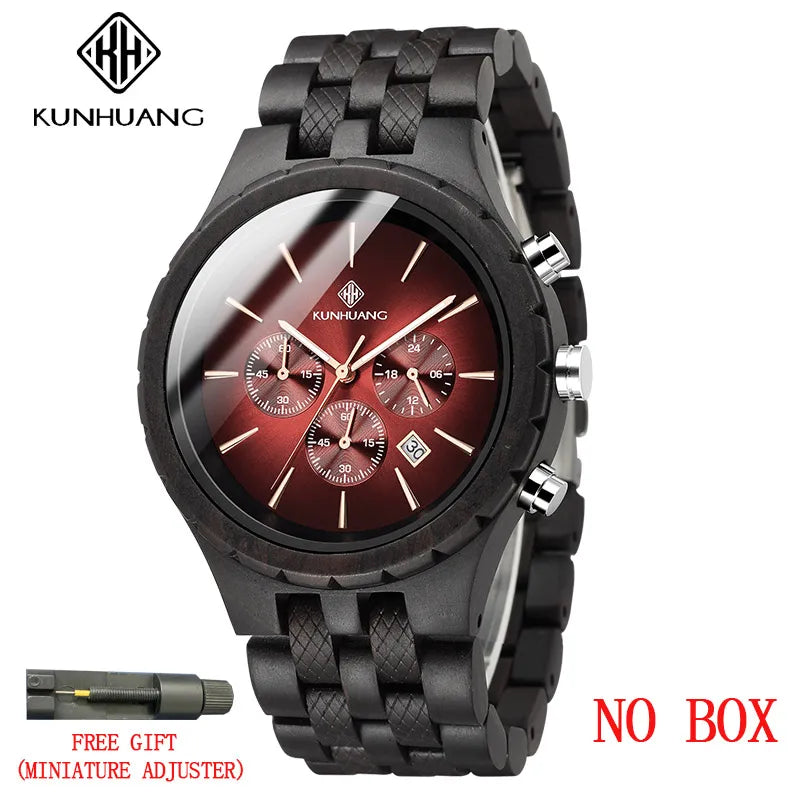 KUNHUANG Handmade Wooden Watch Multifunction Dial Mens Quartz Watch Luxury Luminous Chronograph Custom Logo relógio masculino