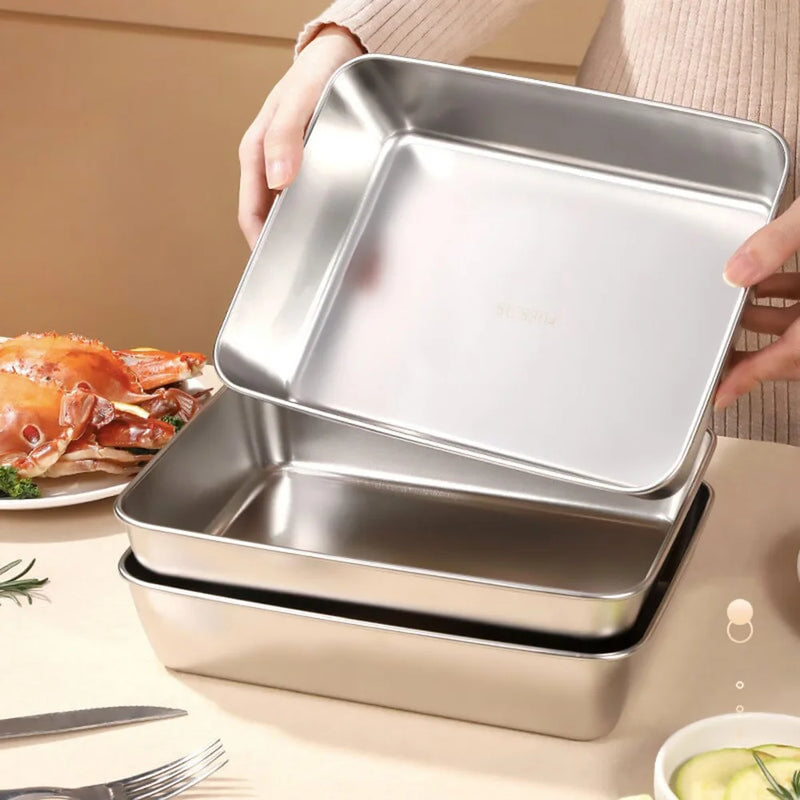 Stainless Steel Rectangle Tray Large Capacity Metal Food Serving Plate Rice Noodle Pan Home Lunch Bento Dishes Storage Organizer