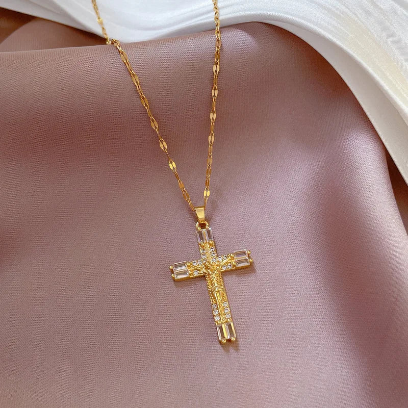 Lucky Cross Zircon Necklace for Women Men Couple Gold Color Stainless Steel Chain Choker Statement Weekend Jewelry Gift Bijoux