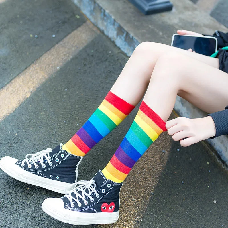 1 Pair Colors Rainbow Striped Women Sock New Arrival Elasticity Sweat Women Long Sock Sporty Meias Retro Harajuku Socks