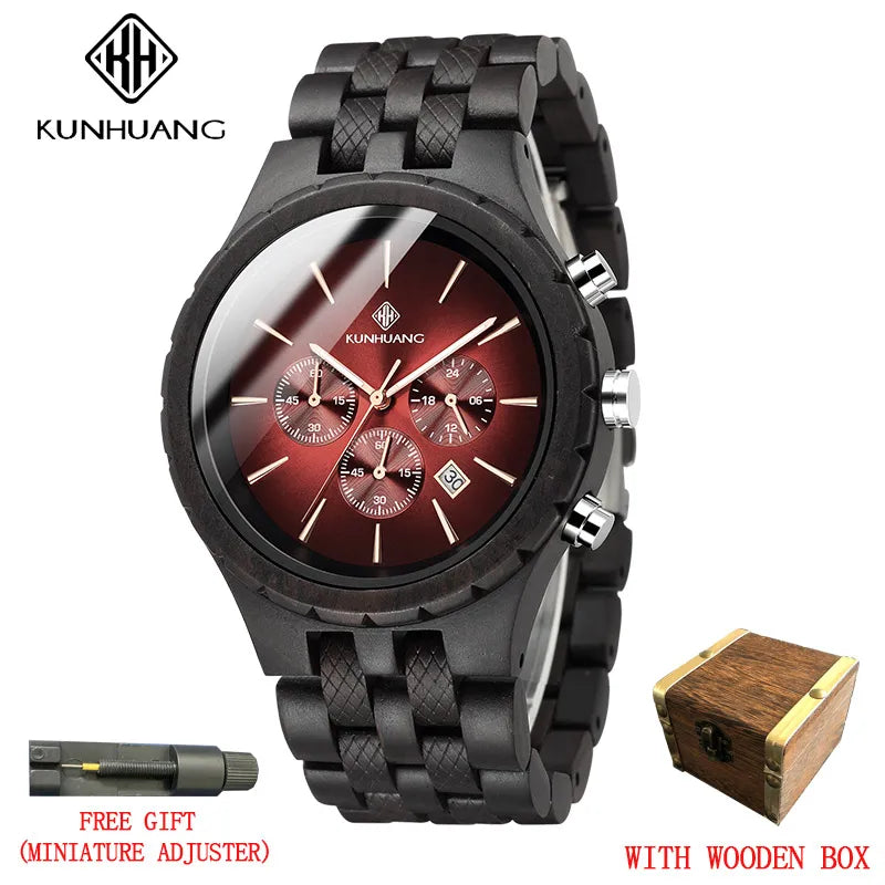 KUNHUANG Handmade Wooden Watch Multifunction Dial Mens Quartz Watch Luxury Luminous Chronograph Custom Logo relógio masculino