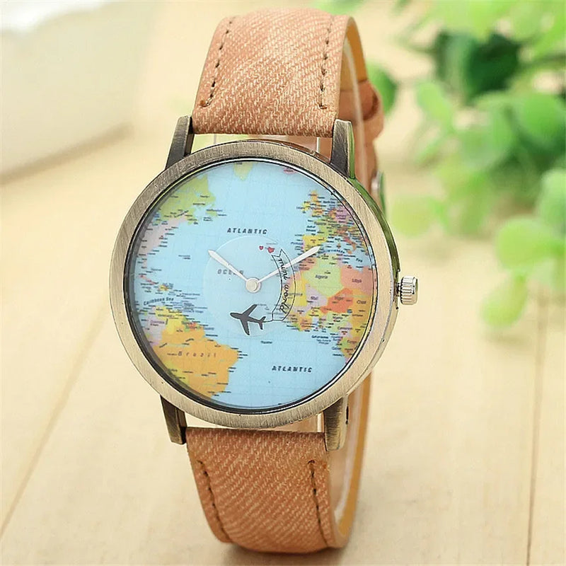 Fashion Global World Map Plane Denim Fabric Band Watches for Men Women Wristwatches Quartz Watch Gift Horloges Relógio