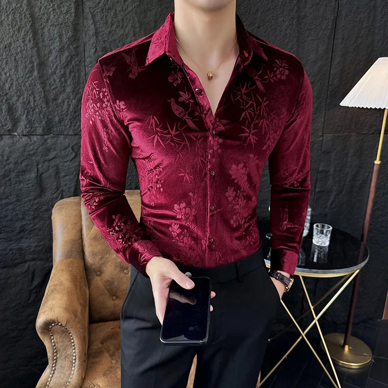 Luxury Velvet Velvet Shirt Men 2024 Spring Slim Casual Dress Shirts Social PartyTuxedo Blouse Camisas Para Hombre Men Clothing