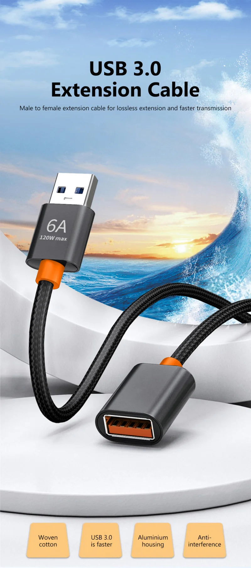 6A USB 3.0 Extension Cable Male to Female Extender Cord High Speed Data Transmission Charge Cable for PC Laptop Camera TV Gaming