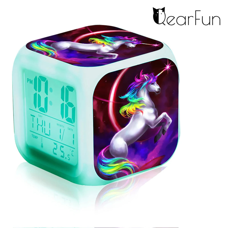 Children's Unicorn Alarm Clock Cartoon 7 Led Night Light Desk Clocks Date Temperature despertador Unicornio Kids Birthday Gifts