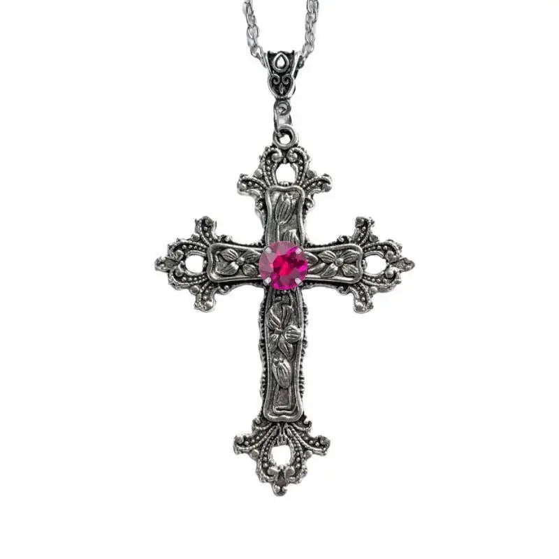 Gothic Style Pink Purple Zircon Cross Necklace Ladies Rhinestone Pendant Clavicle Chain Charm Party Jewelry Gifts